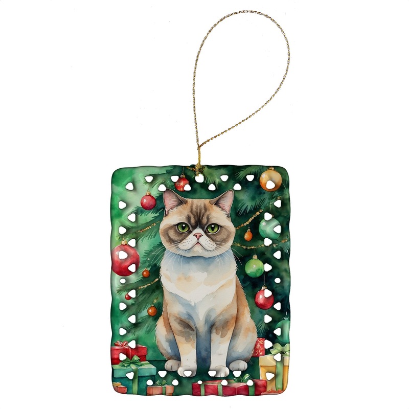 Exotic Shorthair Cat By the Christmas Tree Porcelain Ornament