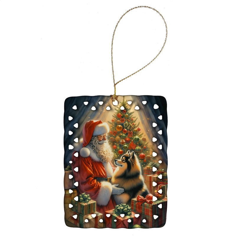 Finnish Spitz and Santa Claus Porcelain Ornament