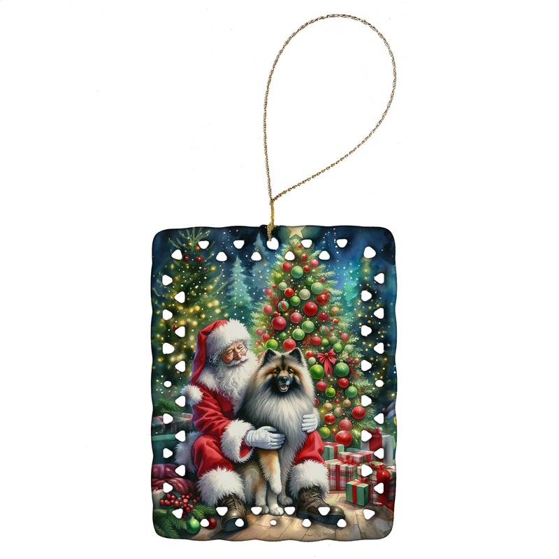 Keeshond and Santa Claus Porcelain Ornament