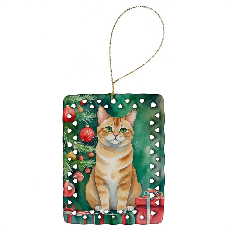 Malayan Cat By the Christmas Tree Porcelain Ornament