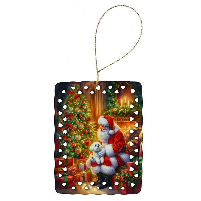 Maltese and Santa Claus Porcelain Ornament