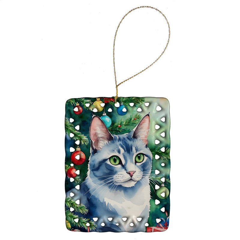 Ojos Azules Cat By the Christmas Tree Porcelain Ornament