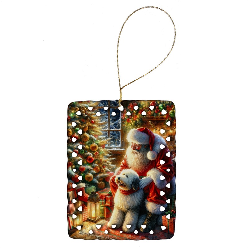 Old English Sheepdog and Santa Claus Porcelain Ornament