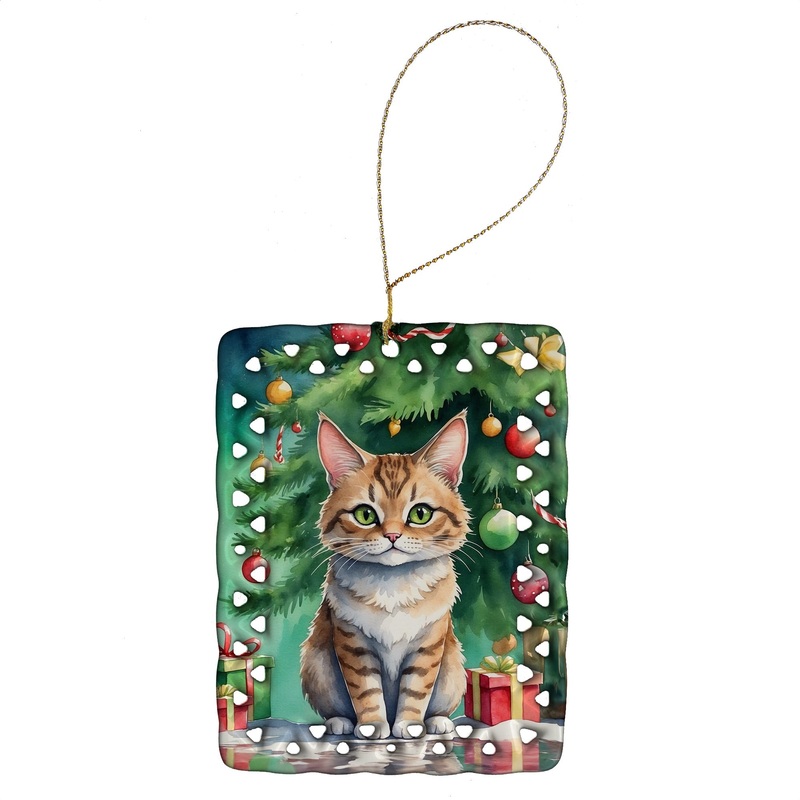 Pixie Bob Cat By the Christmas Tree Porcelain Ornament