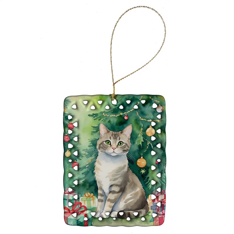 Pudelkatze Cat By the Christmas Tree Porcelain Ornament