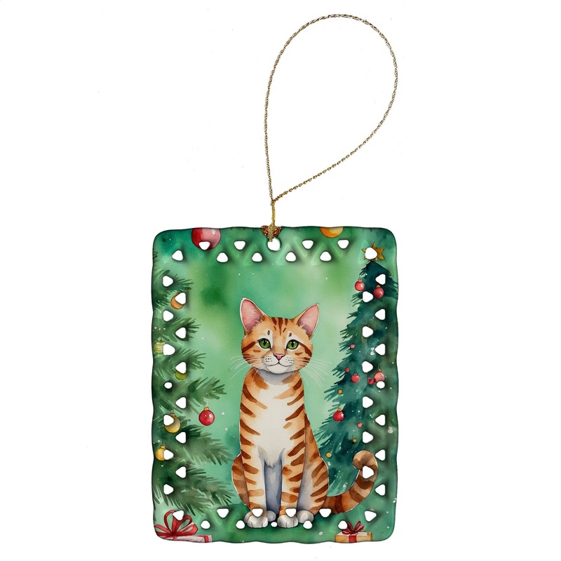 Safari Cat By the Christmas Tree Porcelain Ornament