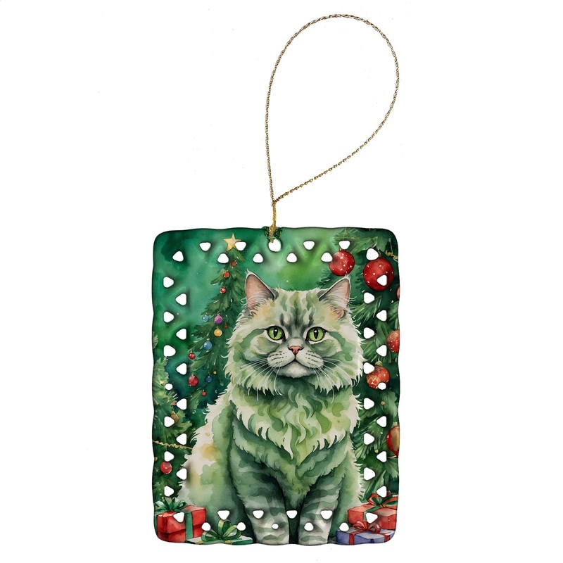 Selkirk Rex Cat By the Christmas Tree Porcelain Ornament