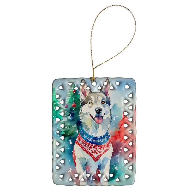 Siberian Husky Christmas Porcelain Ornament