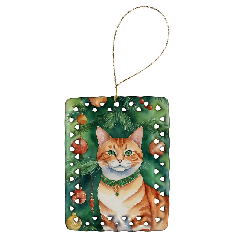 Suphalak Cat By the Christmas Tree Porcelain Ornament