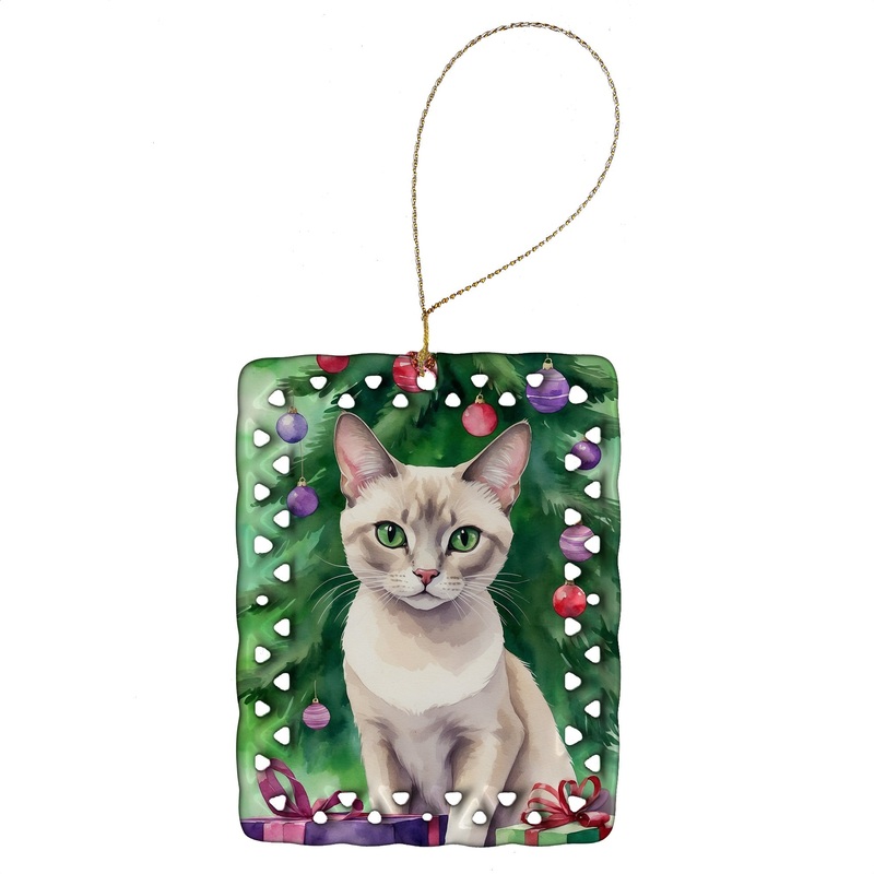 Thai Lilac Cat By the Christmas Tree Porcelain Ornament