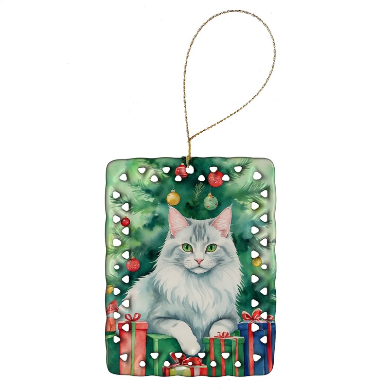 Turkish Angora Cat By the Christmas Tree Porcelain Ornament