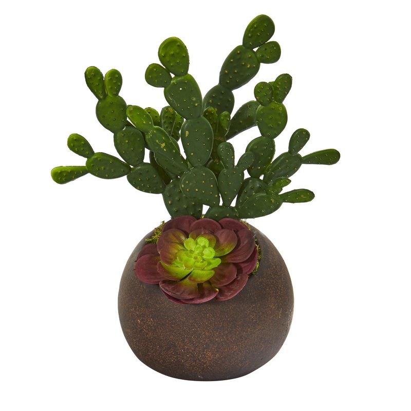 11 Cactus and Echeveria Succulent Artificial Plant in Stone Planter