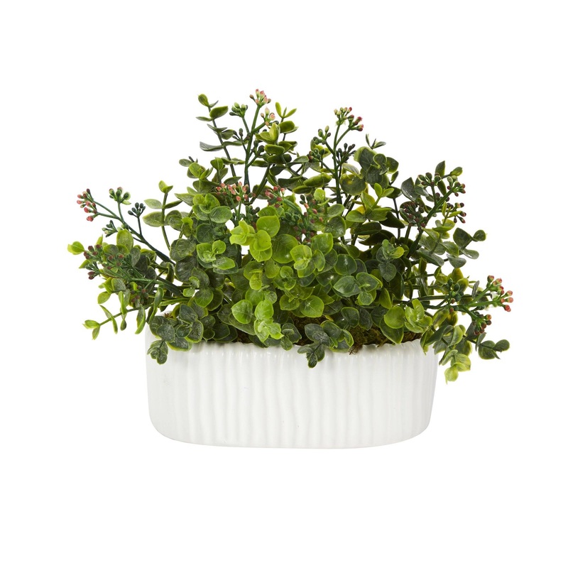 11 Eucalyptus and Sedum Artificial Plant in White Planter