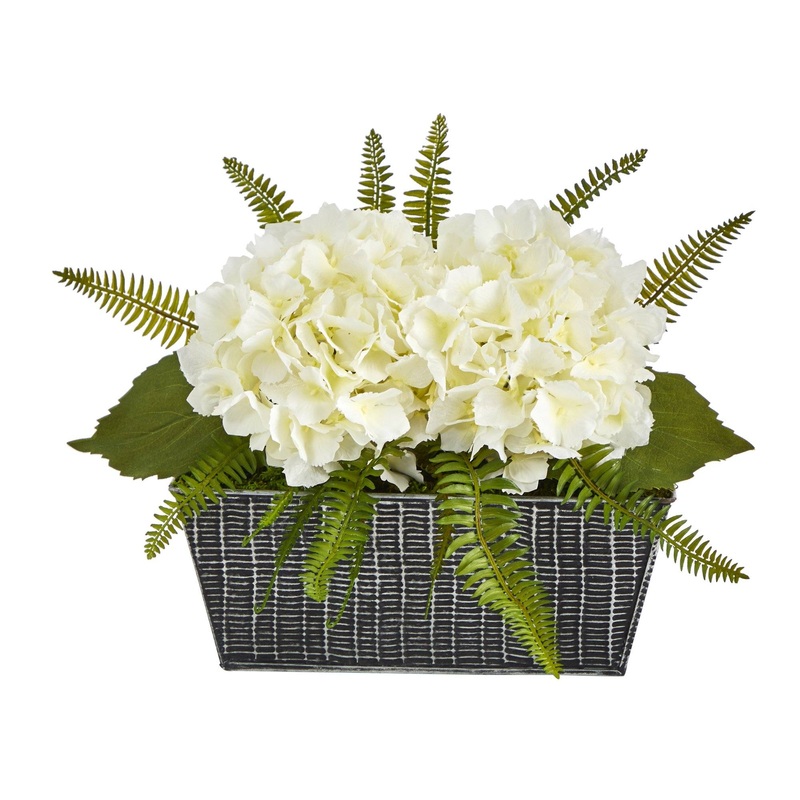 11 Hydrangea and Fern Artificial Plant in Embossed Tin Planter