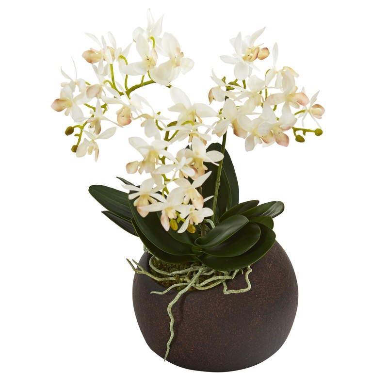 11 Mini Orchid Phalaenopsis Artificial Arrangement in Stone Vase