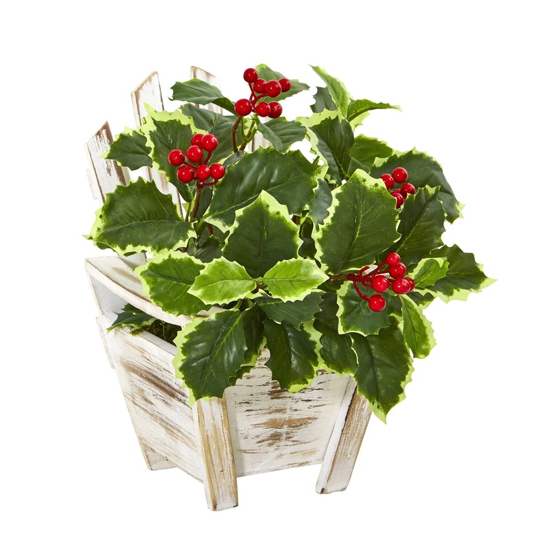 11 Variegated Holly Leaf Artificial Plant in Chair Planter (Real Touch)