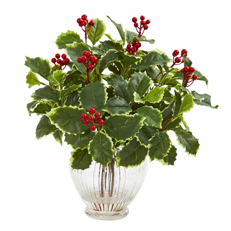 15 Artificial Variegated Holly Leaf Plant in Vase (Real Touch)