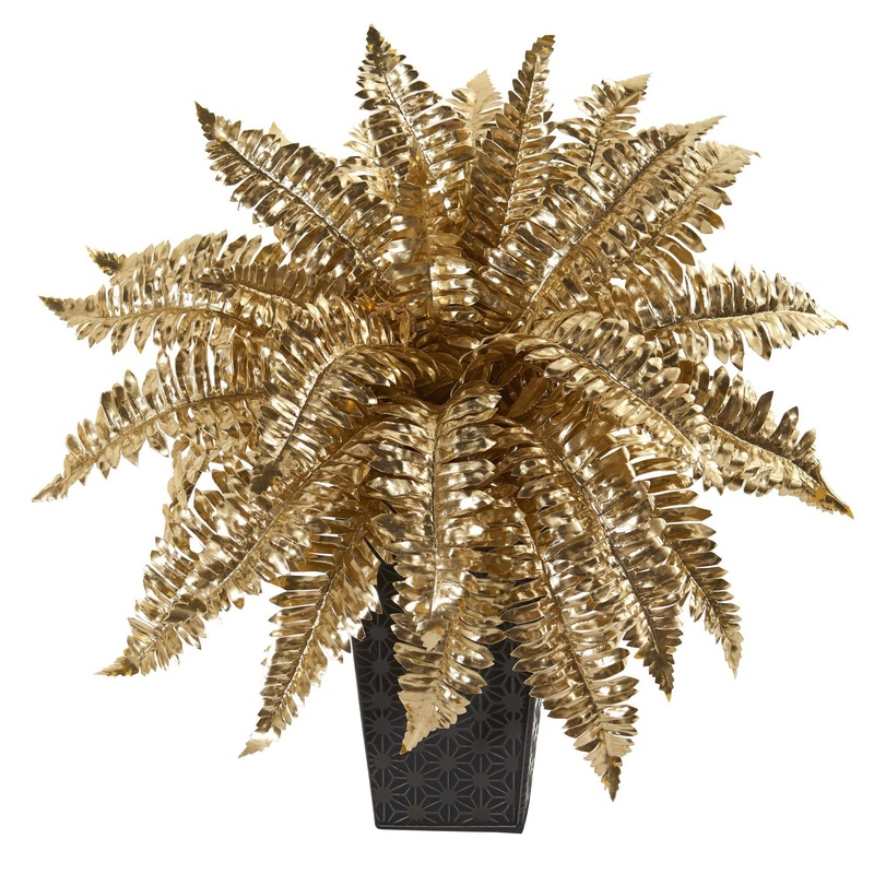 16 Golden Boston Fern Artificial Plant in Embossed Black Planter