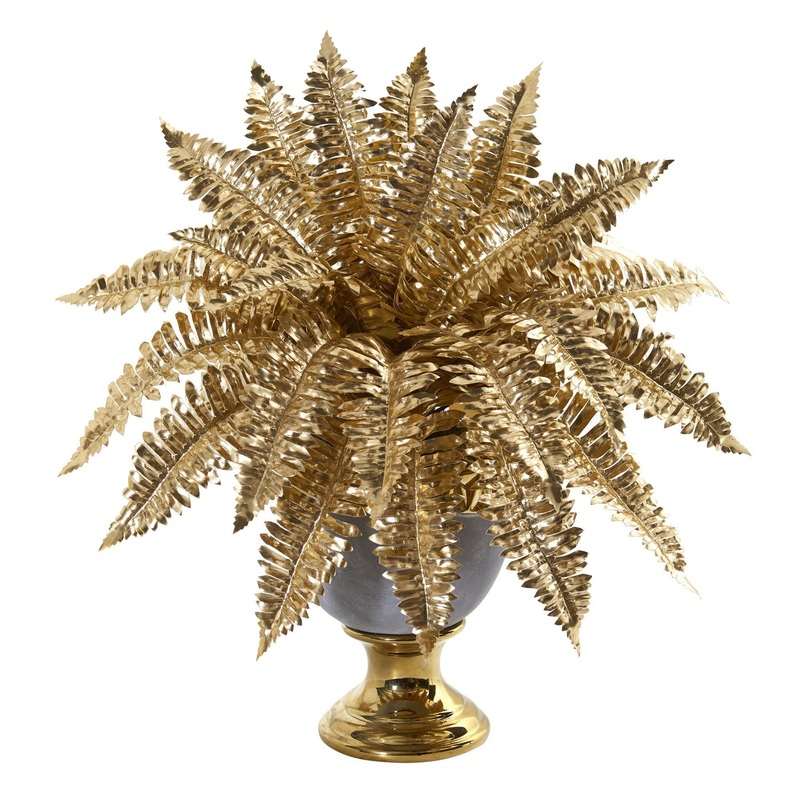 16 Golden Boston Fern Artificial Plant in Stoneware Urn with Gold Trimming