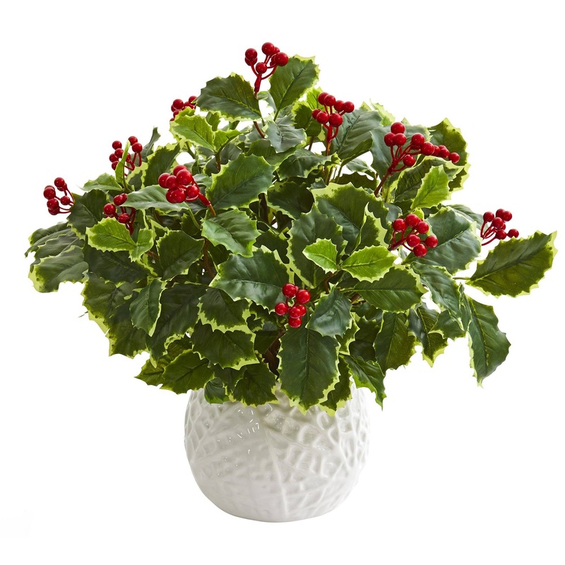 16 Variegated Holly Artificial Plant in White Planter (Real Touch)