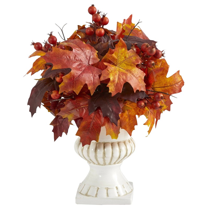 20 Autumn Maple Leaf and Berries Artificial Plant in White Urn