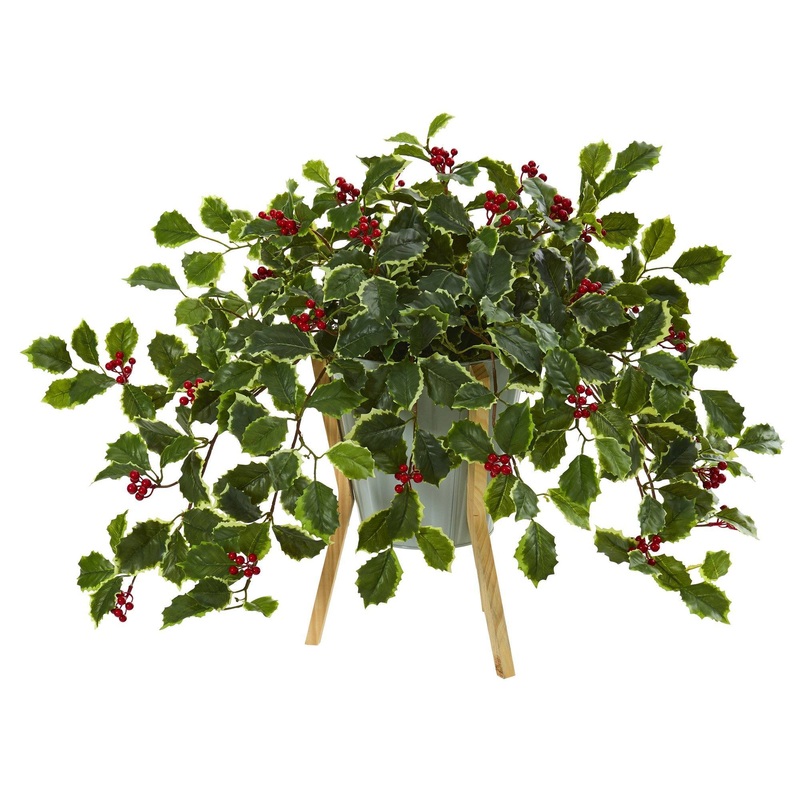 22 Variegated Holly Berry Artificial Plant in Green Planter with Stand (Real Touch)