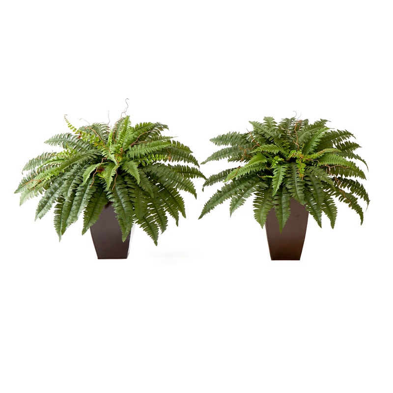 23 Artificial Boston Fern Plant with Tapered Bronze Square Metal Planter DIY KIT - Set of 2