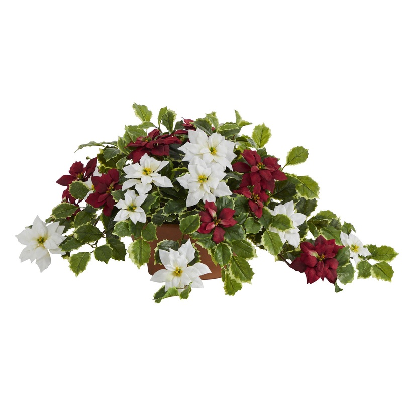 26 Poinsettia and Variegated Holly Artificial Plant in Terra-Cotta Planter (Real Touch)