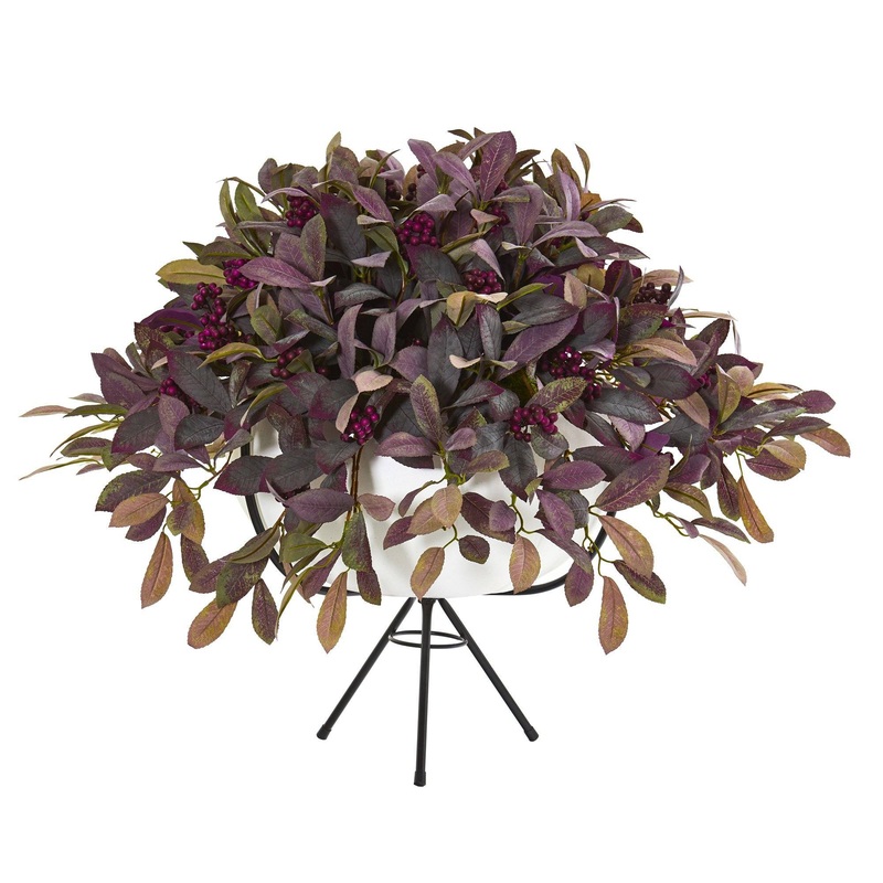 30 Fall Laurel Leaf with Berries Artificial Plant in White Planter with Metal Stand