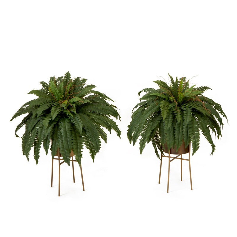 32 Artificial Boston Fern Plant with Metal Planter with Stand DIY KIT - Set of 2