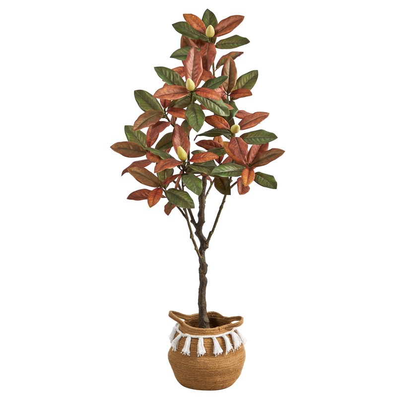 5 Artificial Fall Magnolia Tree with  Handmade Jute & Cotton Basket with Tassels