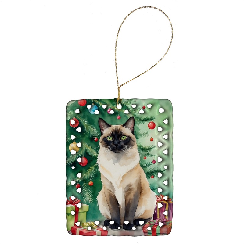 Birman Cat By the Christmas Tree Porcelain Ornament