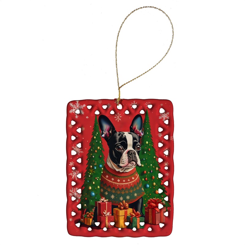 Boston Terrier Holiday Christmas Porcelain Ornament