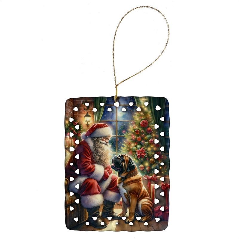 Bullmastiff and Santa Claus Porcelain Ornament