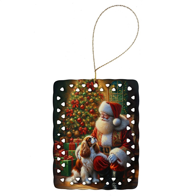 Cavalier Spaniel and Santa Claus Porcelain Ornament