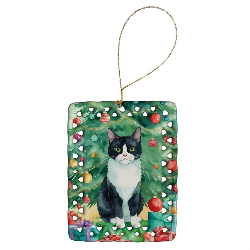Chantilly Tiffany Cat By the Christmas Tree Porcelain Ornament
