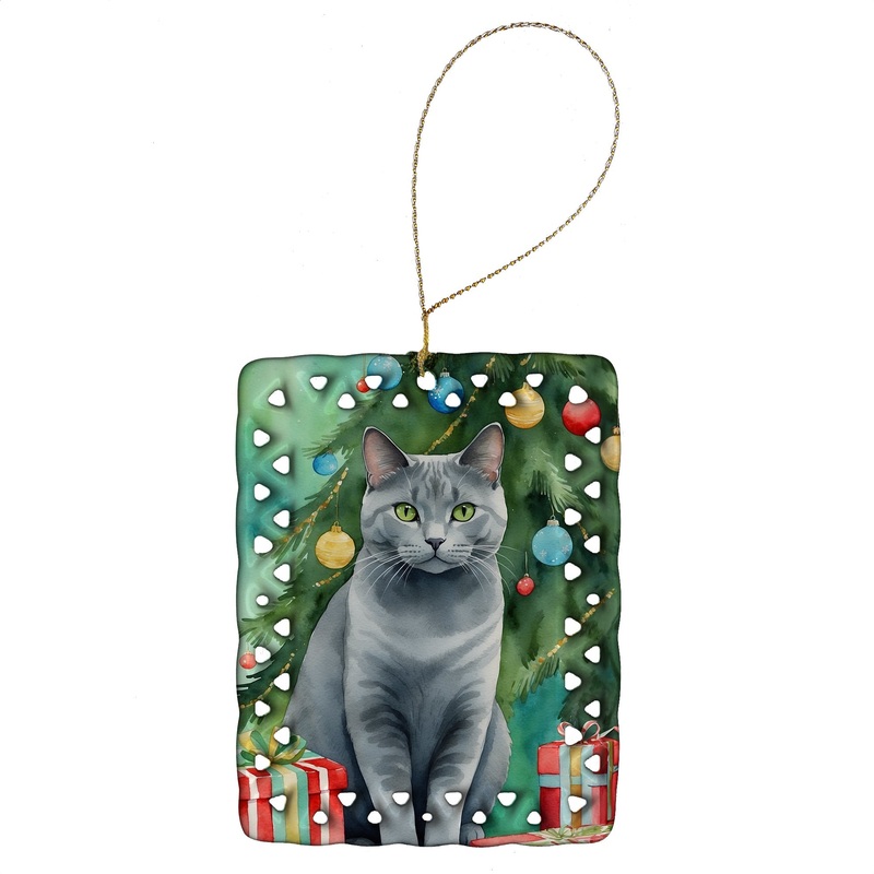 Chartreux Cat By the Christmas Tree Porcelain Ornament
