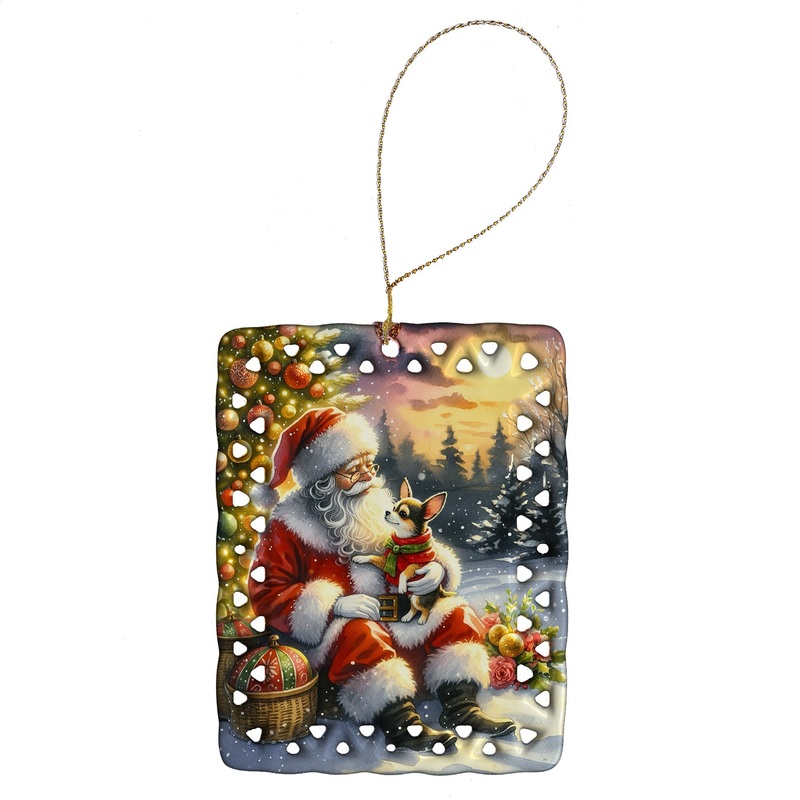Chihuahua and Santa Claus Porcelain Ornament