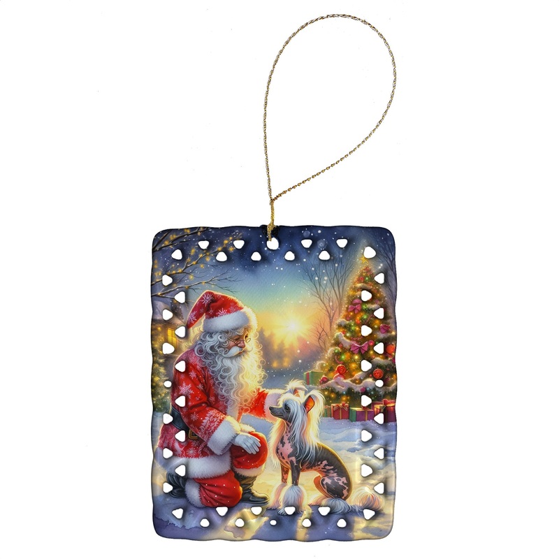 Chinese Crested and Santa Claus Porcelain Ornament