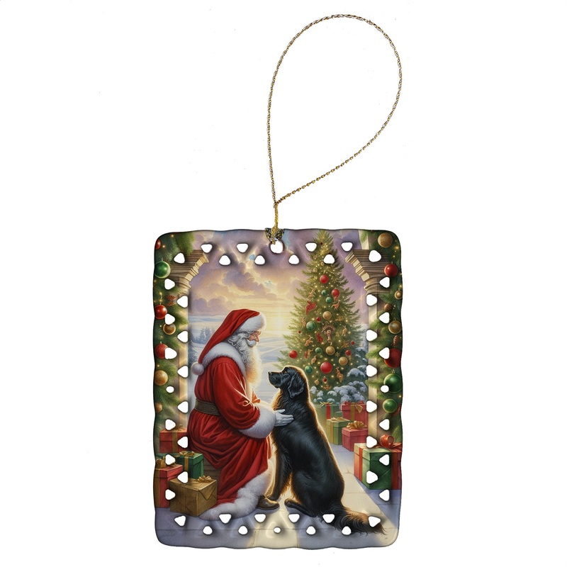Flat-Coated Retriever and Santa Claus Porcelain Ornament