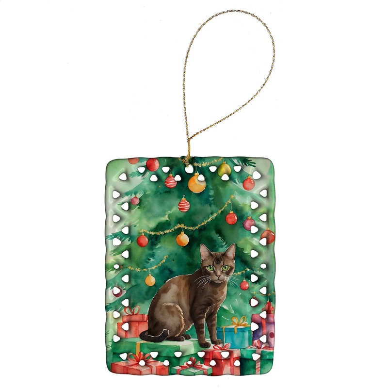 Havana Brown Cat By the Christmas Tree Porcelain Ornament