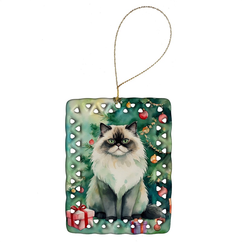 Himalayan Cat By the Christmas Tree Porcelain Ornament