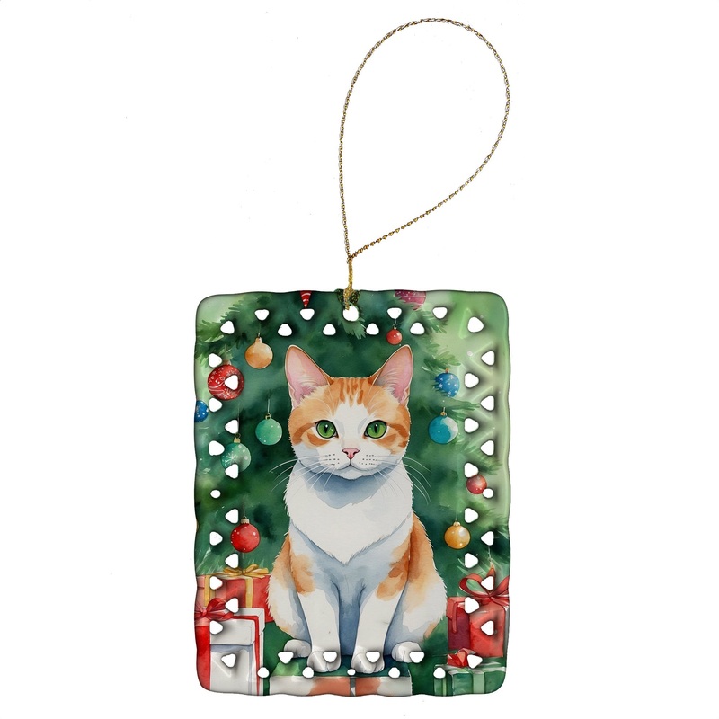 Japanese Bobtail Cat By the Christmas Tree Porcelain Ornament