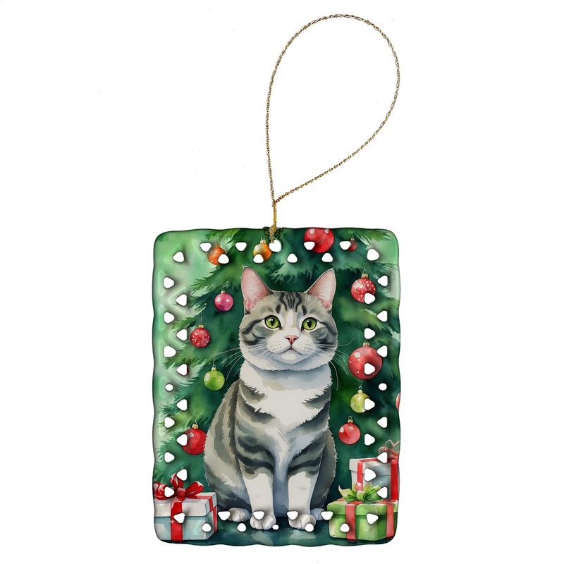 Korean Bobtail Cat By the Christmas Tree Porcelain Ornament