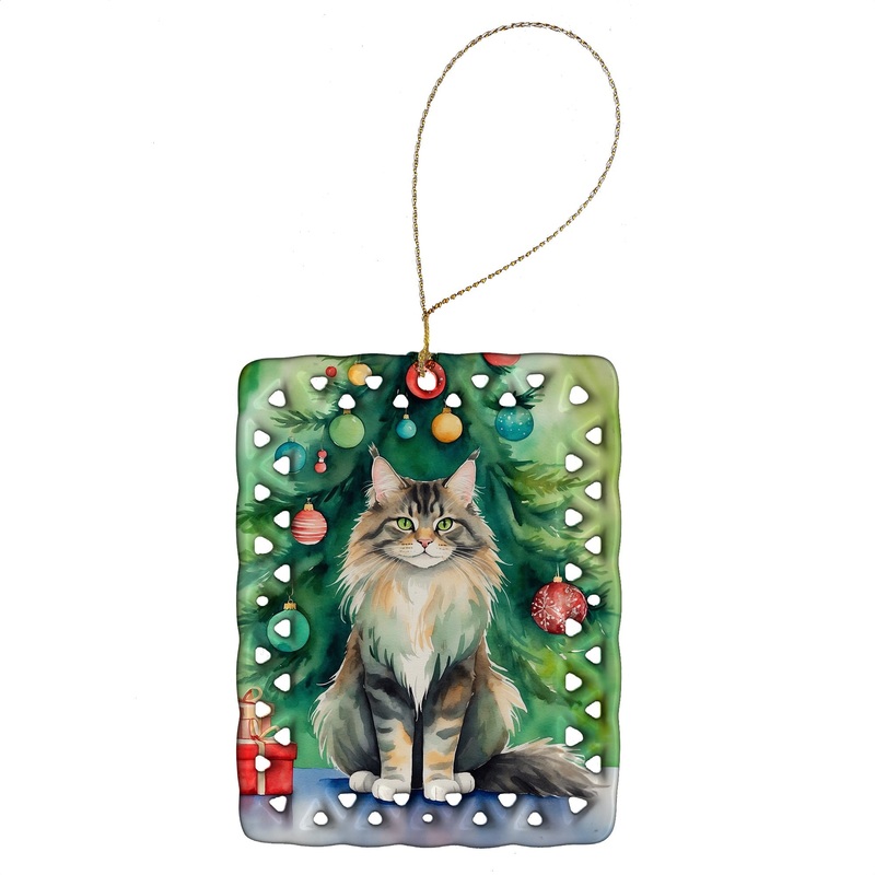 MaineCoon Cat By the Christmas Tree Porcelain Ornament