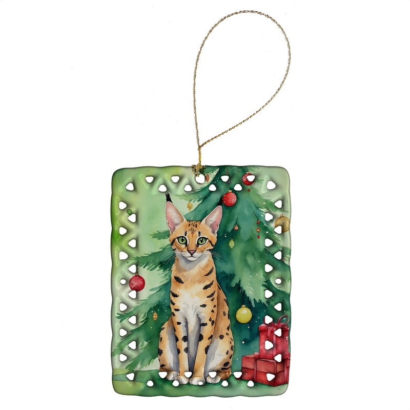 Serengeti Cat By the Christmas Tree Porcelain Ornament