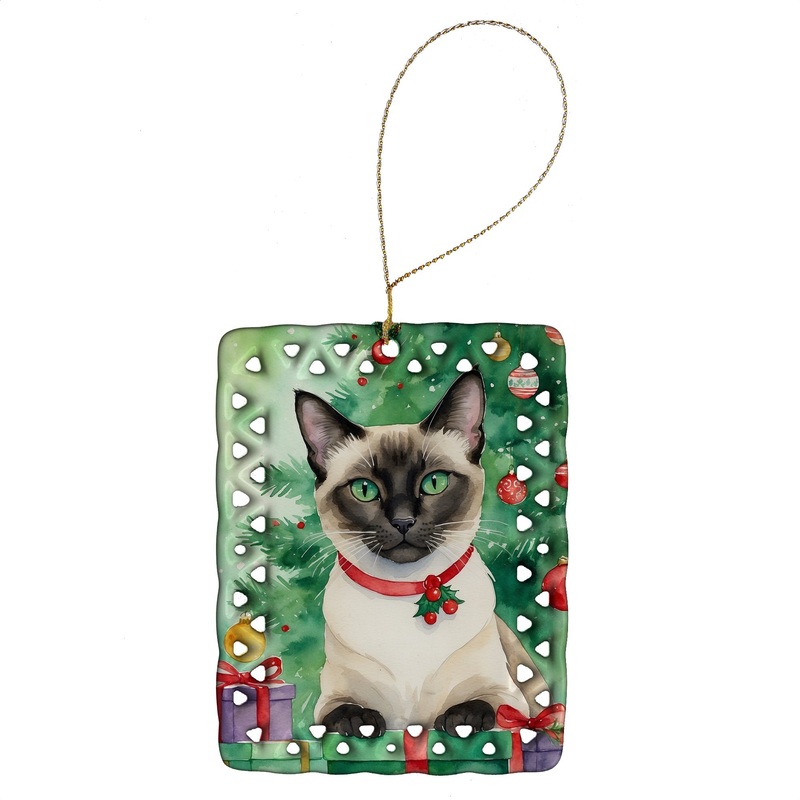 Siamese Cat By the Christmas Tree Porcelain Ornament