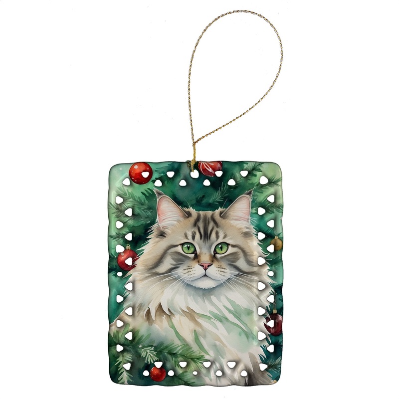 Siberian Cat By the Christmas Tree Porcelain Ornament