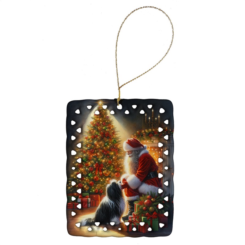 Tibetan Terrier and Santa Claus Porcelain Ornament
