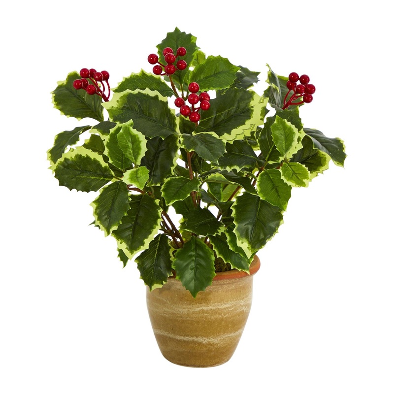 14 Variegated Holly Leaf Artificial Plant in Ceramic Planter (Real Touch)